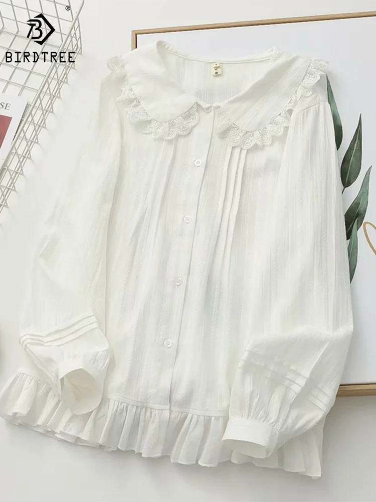 New Spring Cotton Sweet Shirt Women Peter Pan Collar Lace Tops Girl Long Sleeve Folds Fashion Casual Blouse 2024 Autumn T43629QM