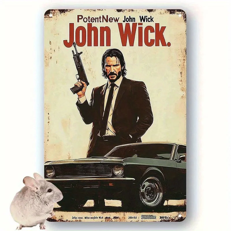 John Wick Vintage Metal Wall Art Sign -   Retro Tin Decor with Classic Car & Rabbit Design, Perfect for Home, Office, Bar, or Ca