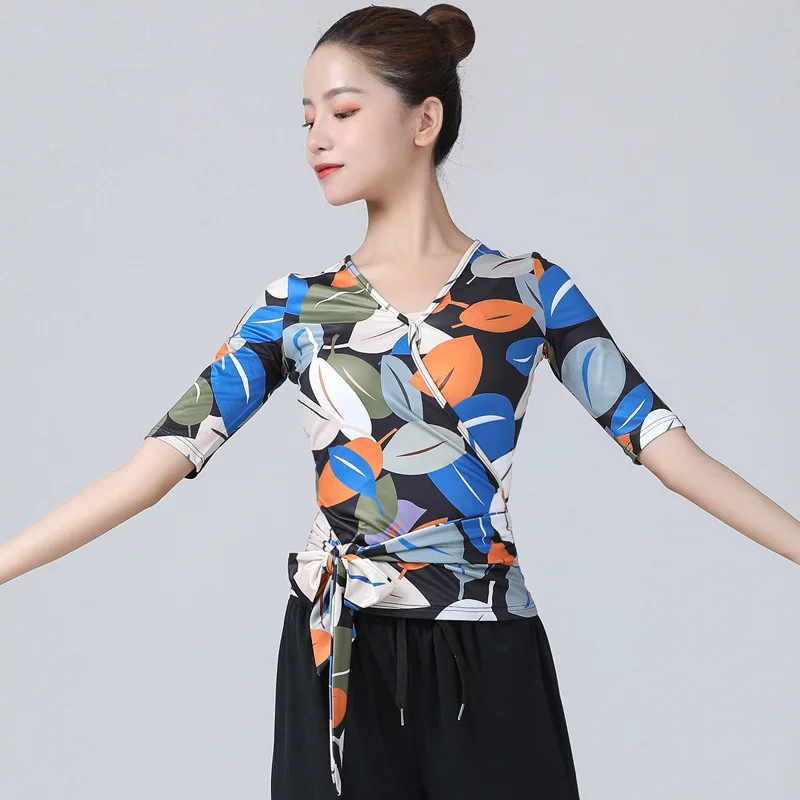 1pcs/lot woman latin print top female fashion floral modern waltz dancing top ballroom dancing shirt