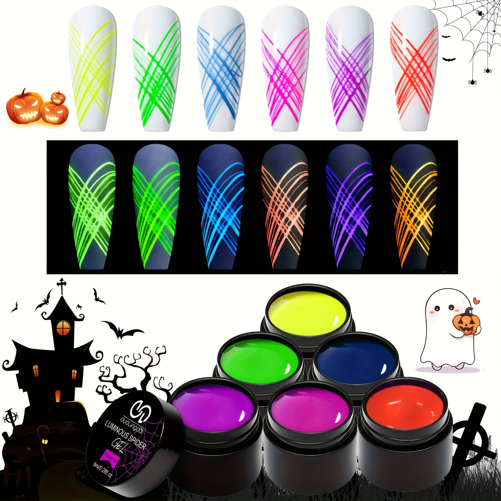 

Светящийся гель для ногтей Spider Gel - 6 цветов, светится в темноте, гель для ногтей, который можно снимать с помощью LED-лампы, для самостоятельного маникюра с кисточками, светящиеся в темноте ногти