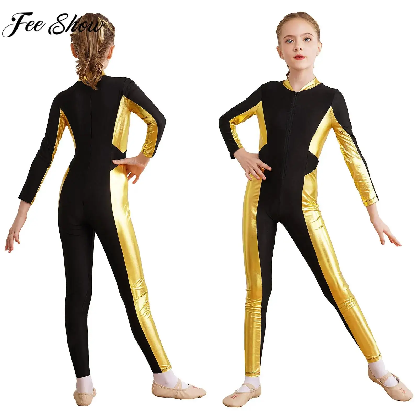 Children Girls Gymnastics Sports Bodysuit Ballet Dance Figure Skating Acrobatics Yoga Leotard Long Sleeve Color Block Jumpsuit