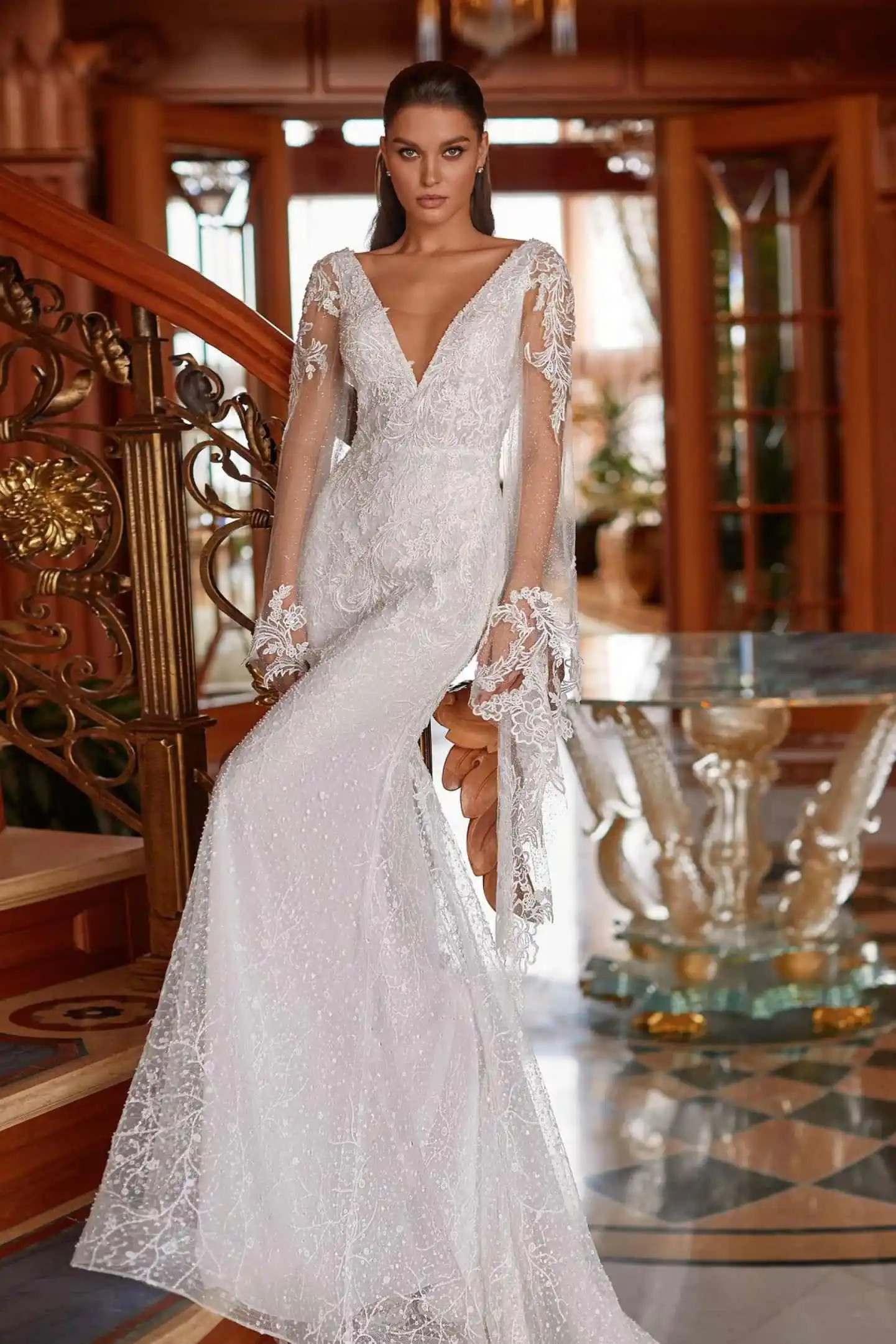 

Gorgeous Sequin Applique Bridal Gown Deep V-Neck Long Bell Sleeve Mermaid Formal Wedding Dress Vestido De Novia Customized