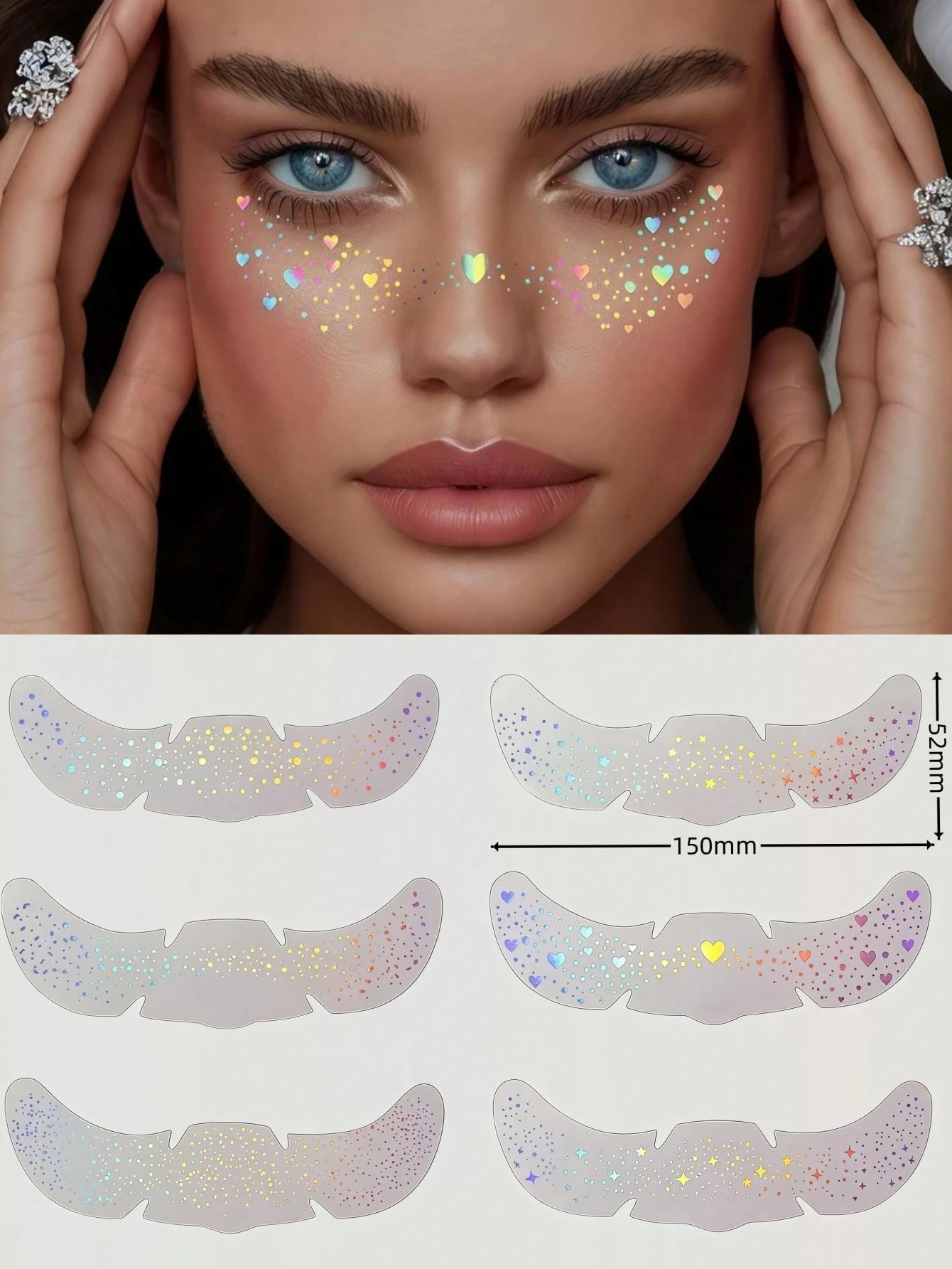 Six Holographic Freckle Stickers, Waterproof Temporary Tattoo Stickers With Glittery Star And Heart Dot Patterns, Perfect For Pa image 4