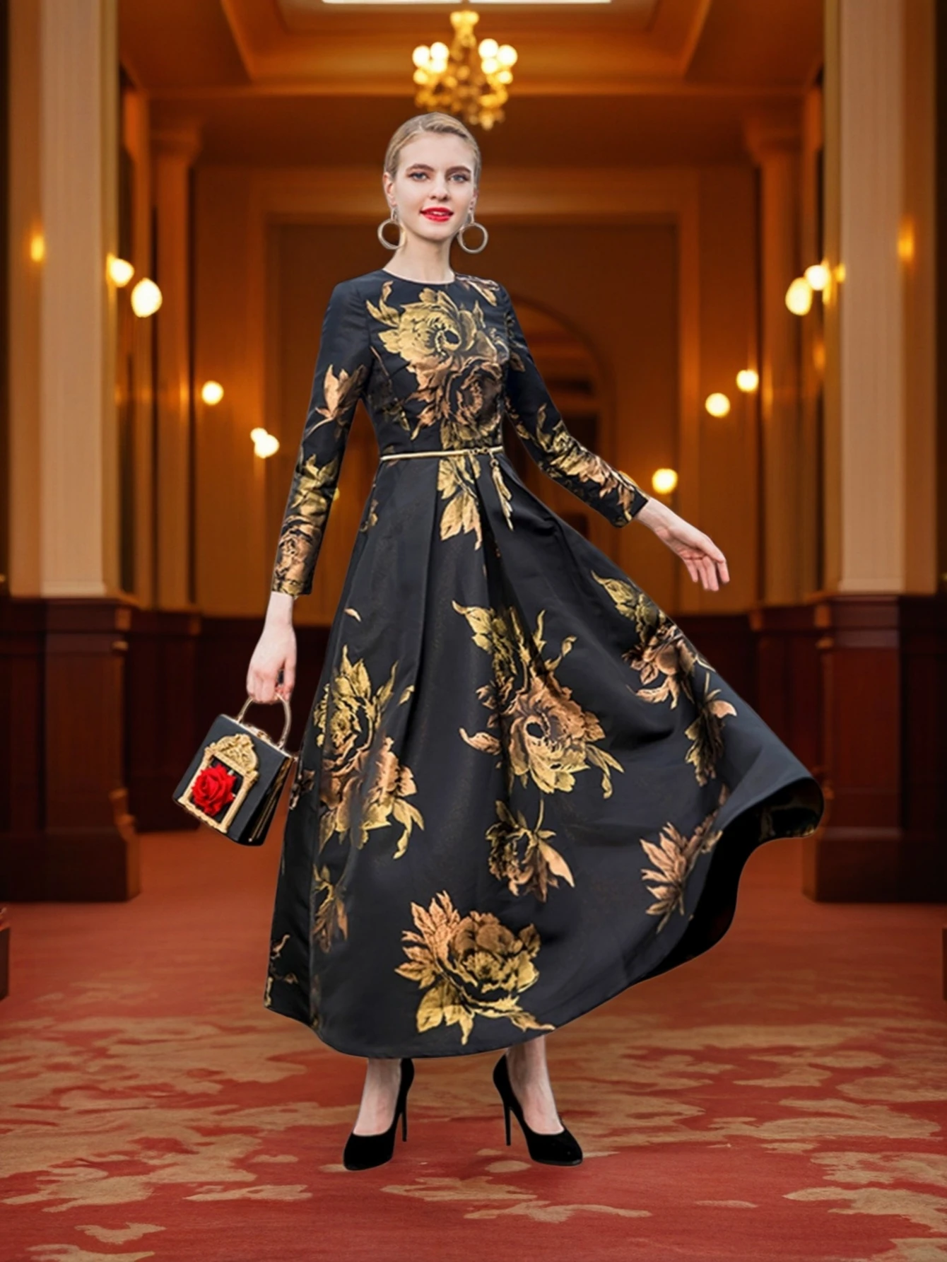 Rochie Maxi Jacquard Elegantă Florală Vintage pentru Femei