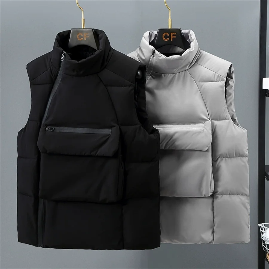 

Autumn Winter Men's Cotton Padded Vest Stand Collar Sleeveless Oblique Zipper Front Pockets Design Men Thicken Vests Warm Jacket