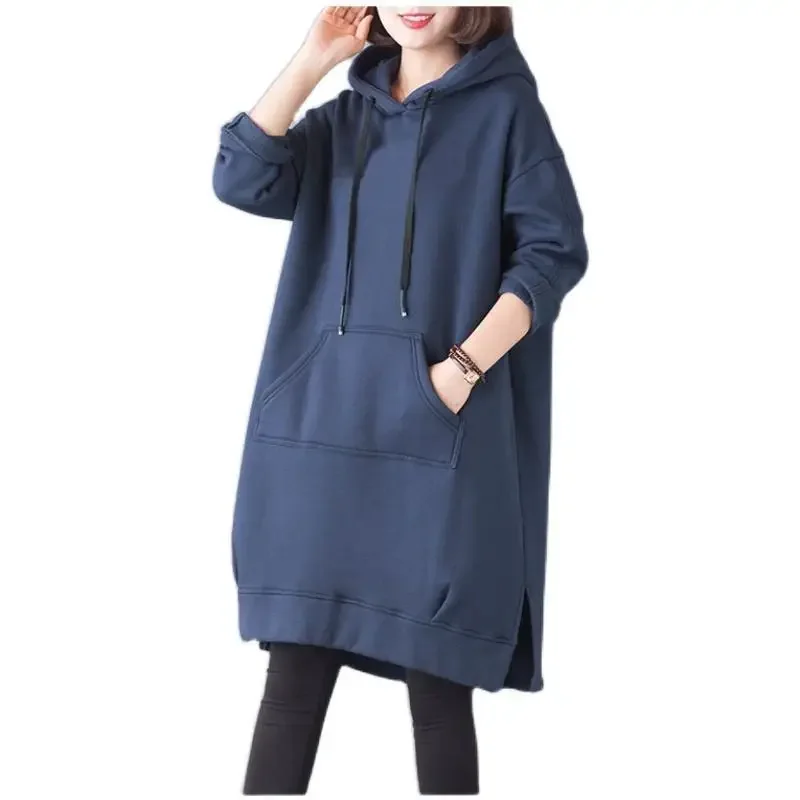 2023 Autumn and Winter Women's Large Medium Long Plush Thickened Relaxed Comfortable Versatile Sweater Hooded Split Coat