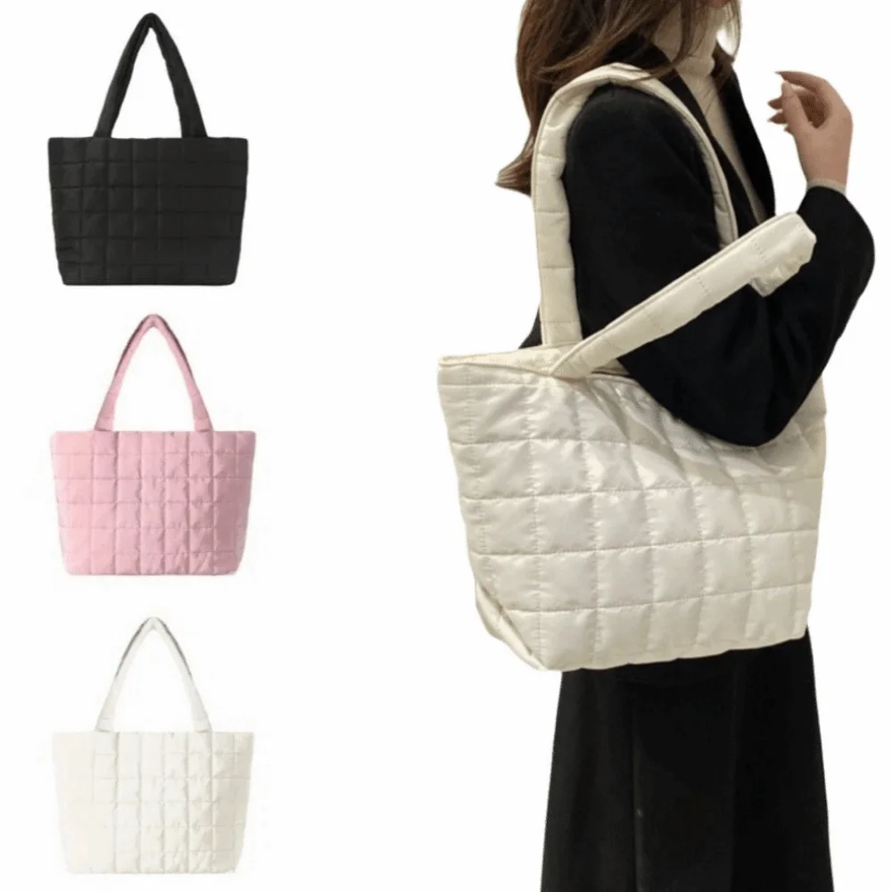 

Korean Style Quilted Shoulder Bag Checkered Solid Color Fashion Tote Bag Comfortable Large Capacity Quilted Handbag Female Use