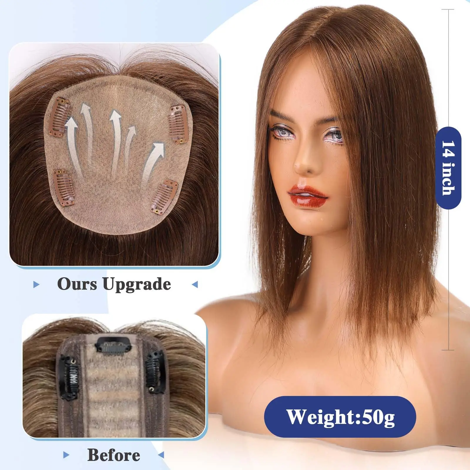 Toppers de cabelo humano marrom, parte intermediária, 14 polegadas, 5x5.5 polegadas, base grande, 4 clipes, topper de cabelo humano natural para mulheres com desbaste