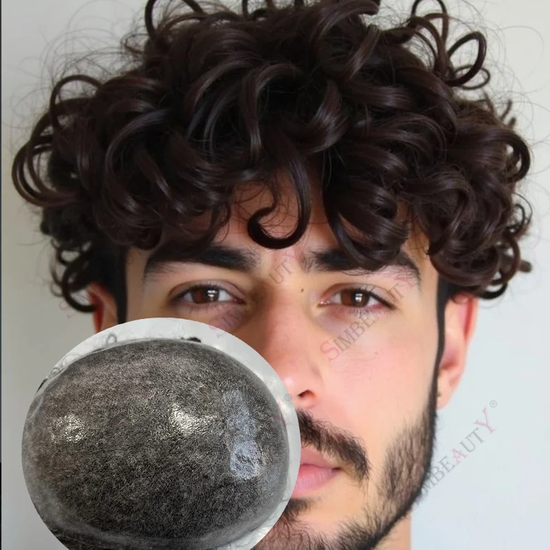 

20mm Curly Male Hair Prosthesis Dark Brown #2 #3 Grey Hair Units Men's Capillary Prothesis Poly Skin Base 100% Human Hair Toupee