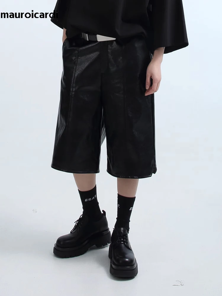 Mauroicardi Spring Summer Loose Casual Soft Black Pu Leather Shorts for Men Mens Elastic Waist Short Straight Pants Clothes 2023