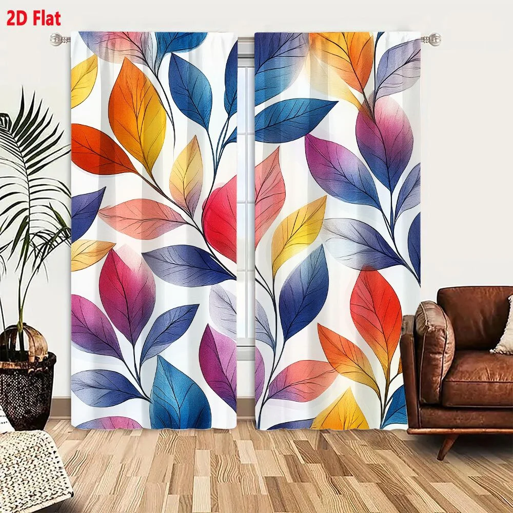 2Pcs Curtains 2D Flat Vibrant Colorful Repeating Pattern Stylized Leaves On Thin Stems With Gradient Shading And Fine Black Vein 2