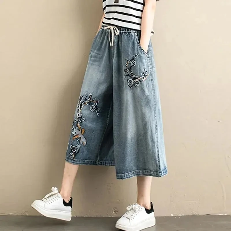 

High Waist Fashionable Wide Leg Jean For Women Summer Retro Ethnic Style Embroidery LooseS Traight Casual Female Denim Pants