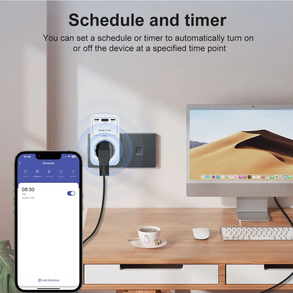 AVATTO Tuya WiFi 65W GaN Fast Charger With Type-C/USB-A Fast Charging Ports EU Smart Socket Outlet Works With Alexa,Google Home