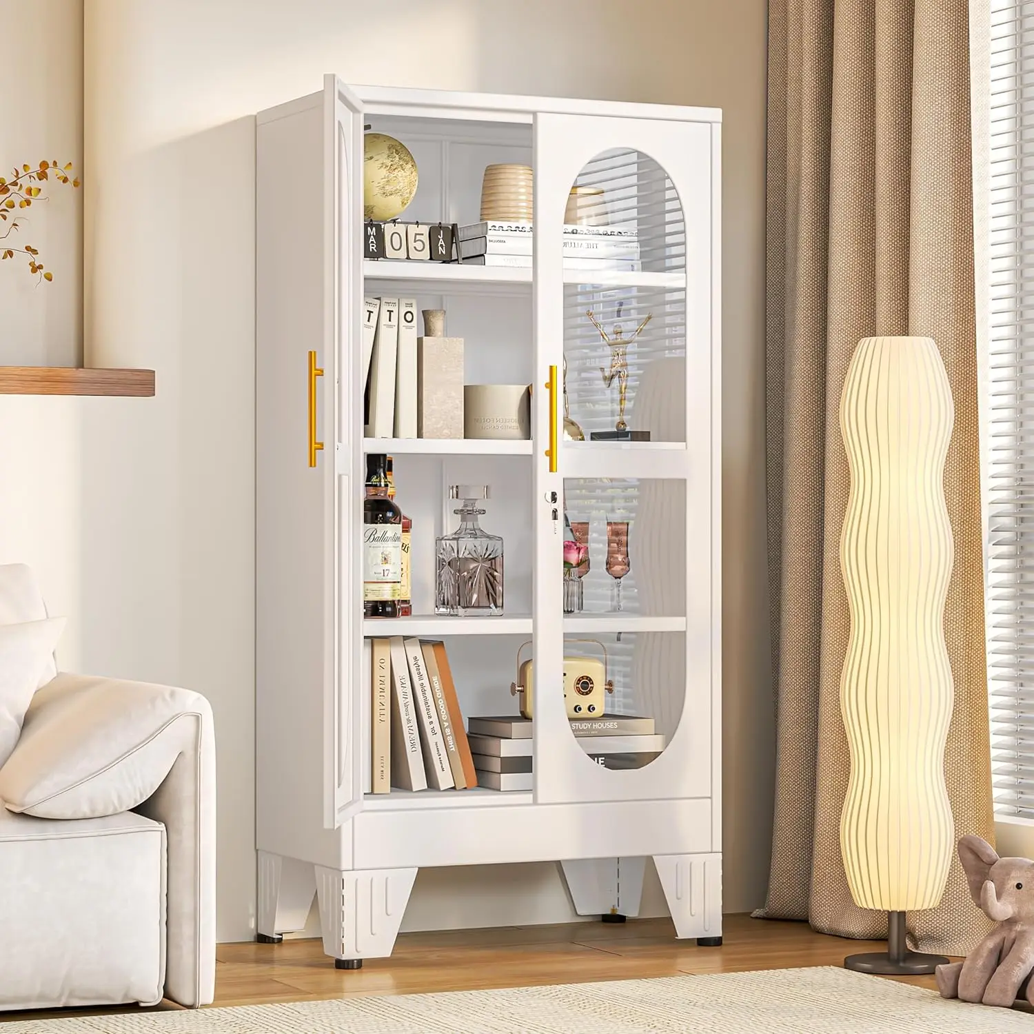 

Витрина с замком и стеклянной дверцей, 47 дюймов в высоту, металлический шкаф с 3 регулируемыми полками, витрина для гостиной, C