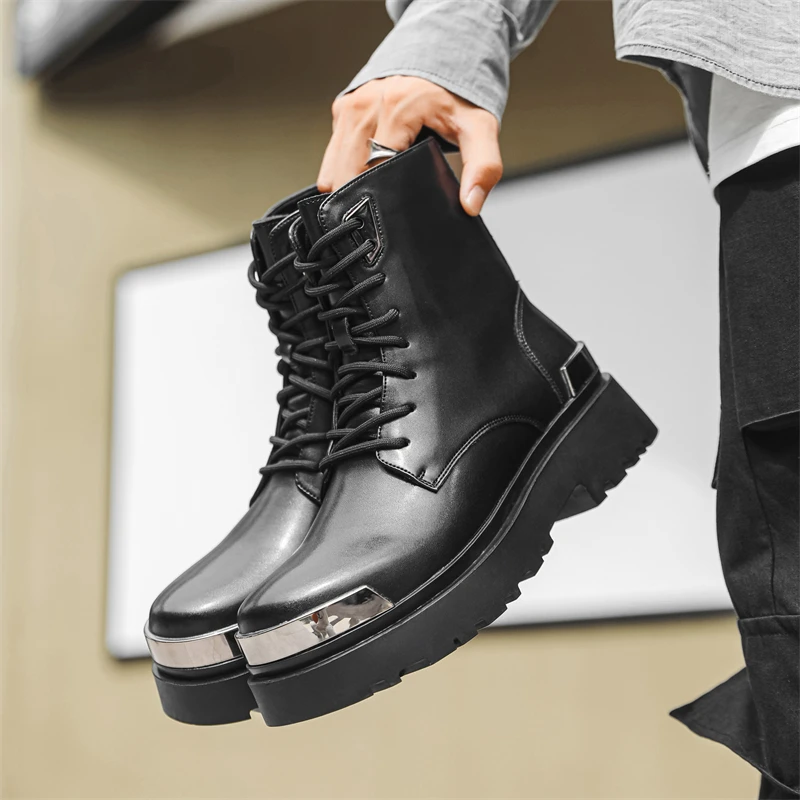 

Men's Fashion Leather Boots Luxury designer style Office Party Outdoor autumn and winter thick soled shoes Black versatile
