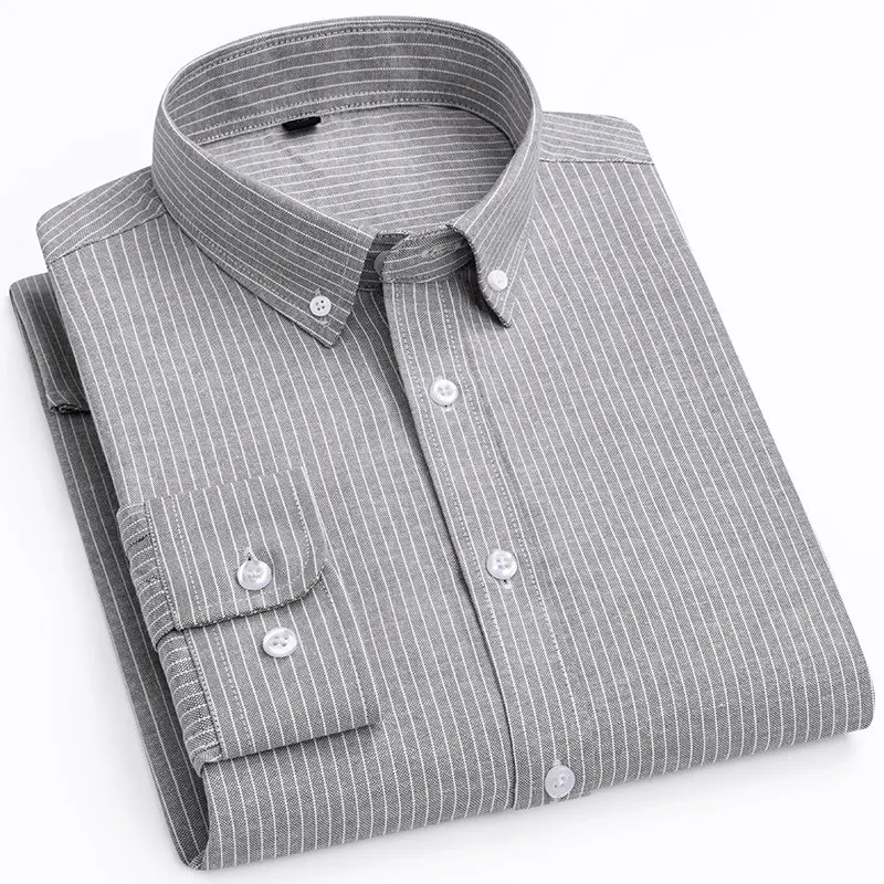 

Men Oxford Long Sleeve Shirt Korean Youth Fashion Striped Casual Tops Handsome Slim Fit Business Daily Wear Breathable Shirts