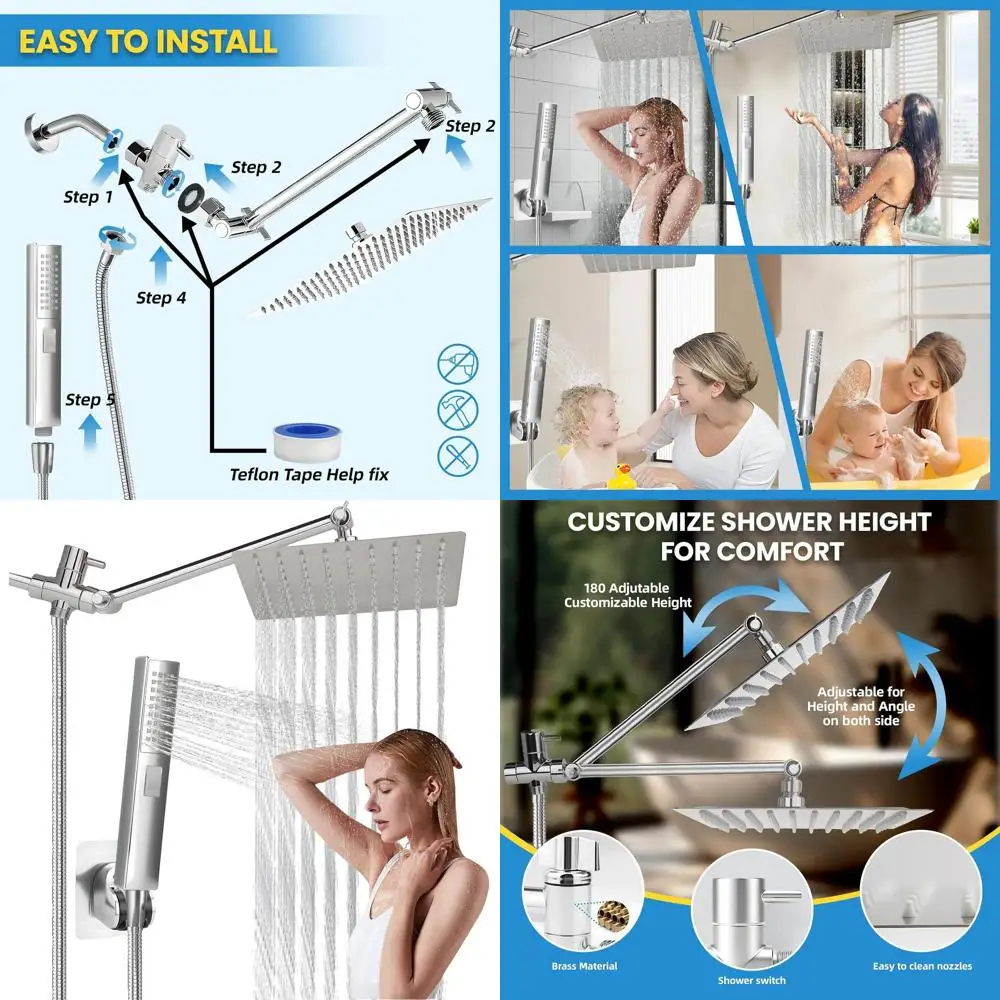 

10-Inch Adjustable Black Rain Shower Head with 3 Modes and Extension Arm