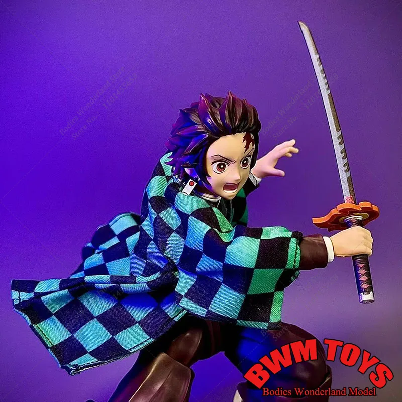 1/12 Scale Cosplay Japanese Demon Slayer Kamado Tanjirou Checkered Trench Coat Windbreak With Iron Wire For 6in Action Figures