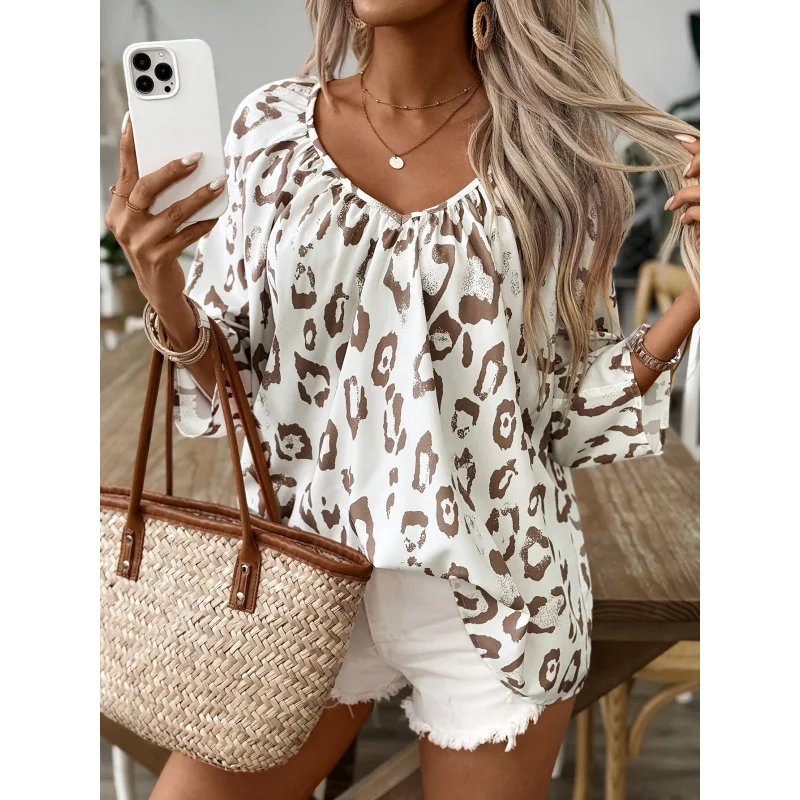 

Khaki Leopard Print Shirt Featuring Deep And Pleated Sleeves