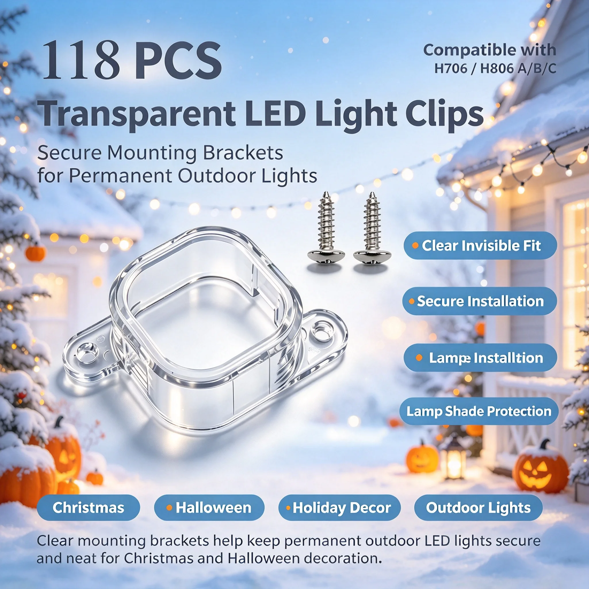 118PCS Transparent Light Covers for Govee H706 H806 (A B C), LED Mounting Clips for Christmas Halloween Outdoor Decor