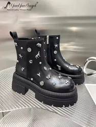 Punk Style Women Short Boots Zipper Personality Rivet Thick Bottom High Top Shoes Black Genuine Leather Motorcycle Boots Female