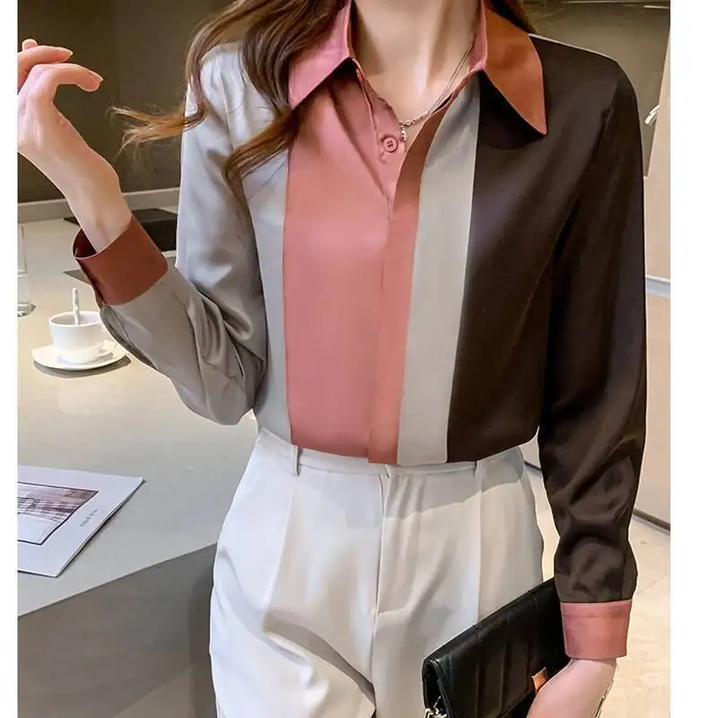 Moda elegante manga longa camisa de escritório primavera vintage listra cetim blusa feminina 2025 outono botão casual solto topos roupas