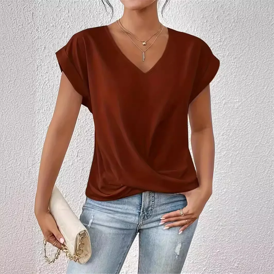 Summer Fashion V Neck Blouse Women Short Sleeve Solid T Shirt Female Casual OL Work Kink Tops Elegant Loose Blsuas Oversize 2024