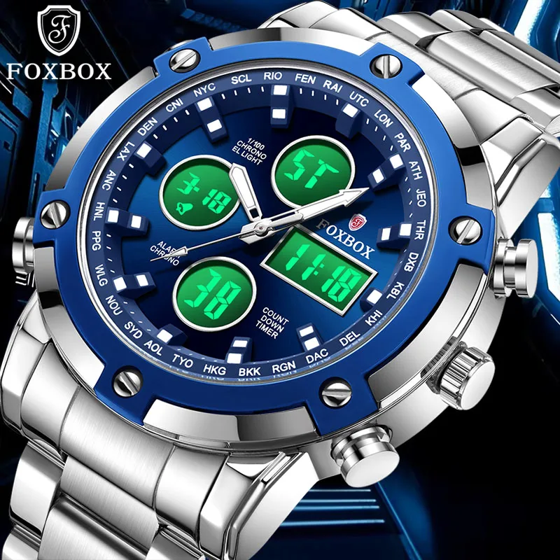 

Новые оригинальные мужские часы FOXBOX, электронные часы для занятий спортом на открытом воздухе, водонепроницаемые, с LED-подсветкой, будильником, хронографом и большим циферблатом.