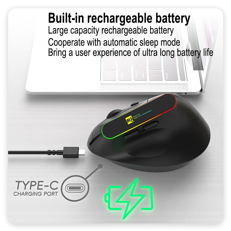 Wireless Vertical Dual Mode Mouse 2.4G+Bluetooth Type-C Charging Night Light 1600DPI Ergonomic Mute Mice Computer Peripherals