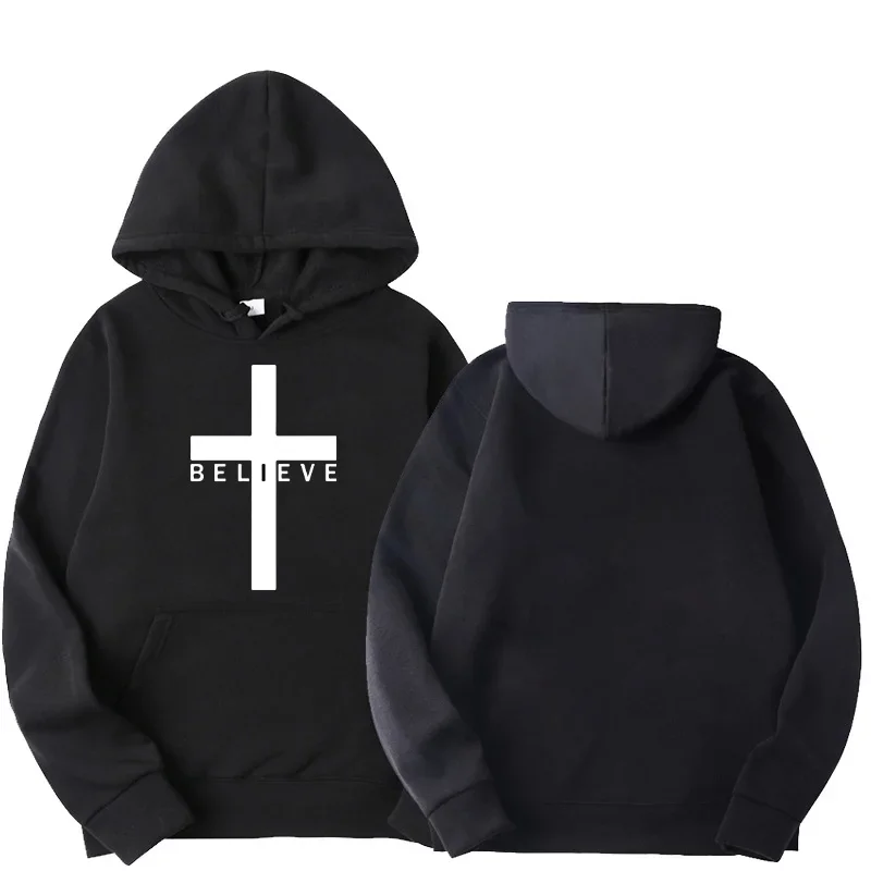 

Mens Believe Jesus Cross Faith Printed Hoodies Man Sports Design Drawstring Sweatshirt Tops Harajuku Hooded Streetwear Sportwear