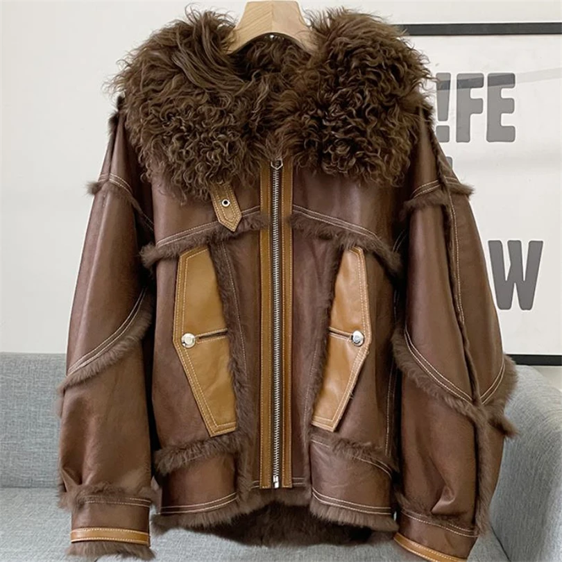 2023 inverno nova dupla face casaco de pele de coelho moda feminina curto gola lambswool jaqueta de pele genuína solta quente outerwear y3275