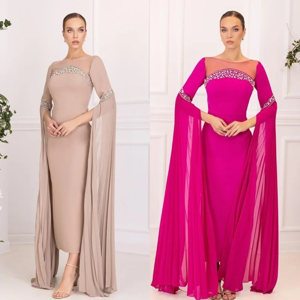 

Customized Evening Sexy Casual Jersey Beading Draped Pleat Graduation Sheath Boat Neck Bespoke Occasion Gown Midi Dresses