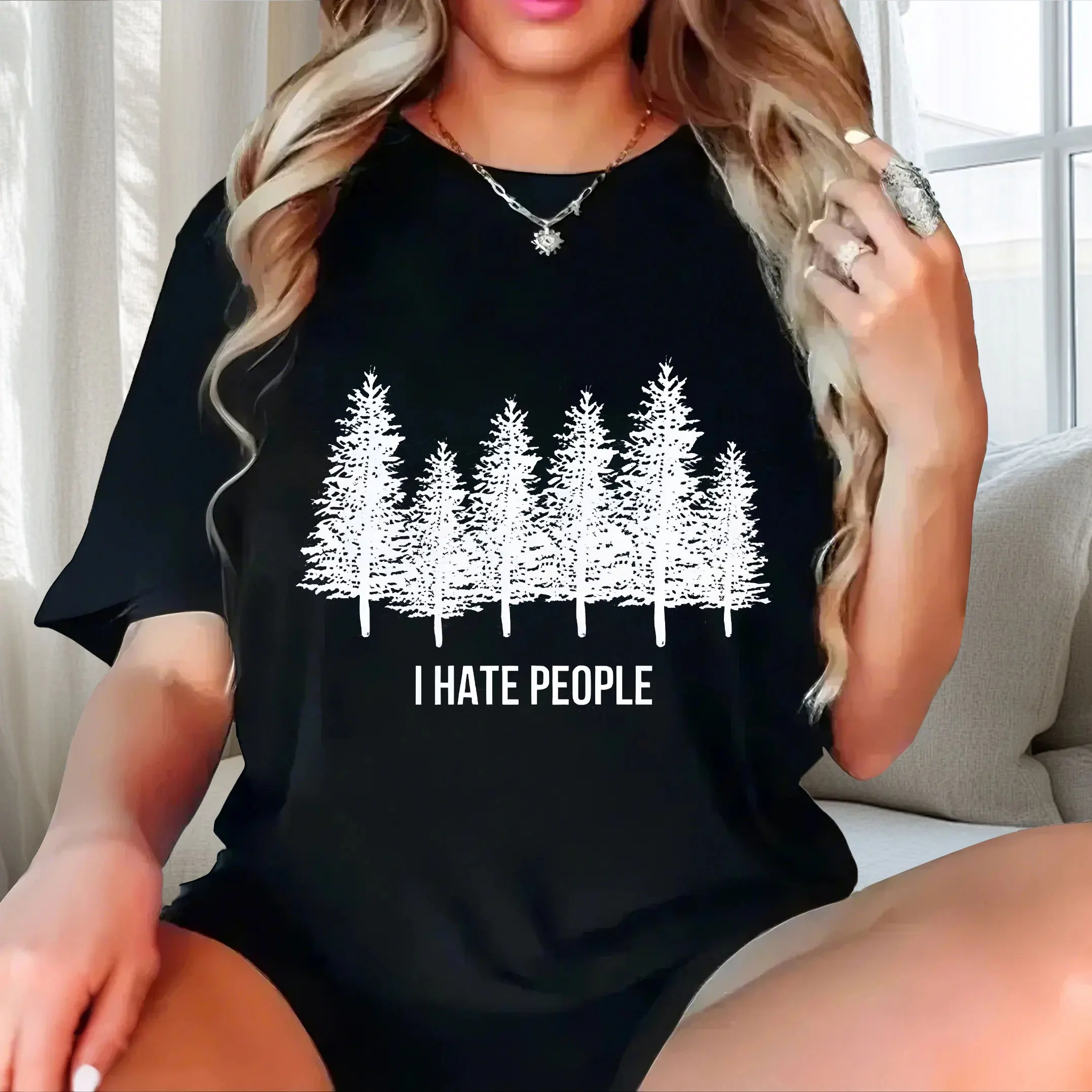 

English+Forest Pattern Print plus size Ladies' casual short sleeved T-shirt black