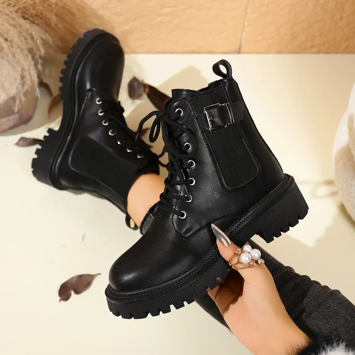 2026omen's Boots Classic Black Casual Leather Boots Lace Up Ankle Boots for Women Non-slip Platform Booties Botines Para Mujeres