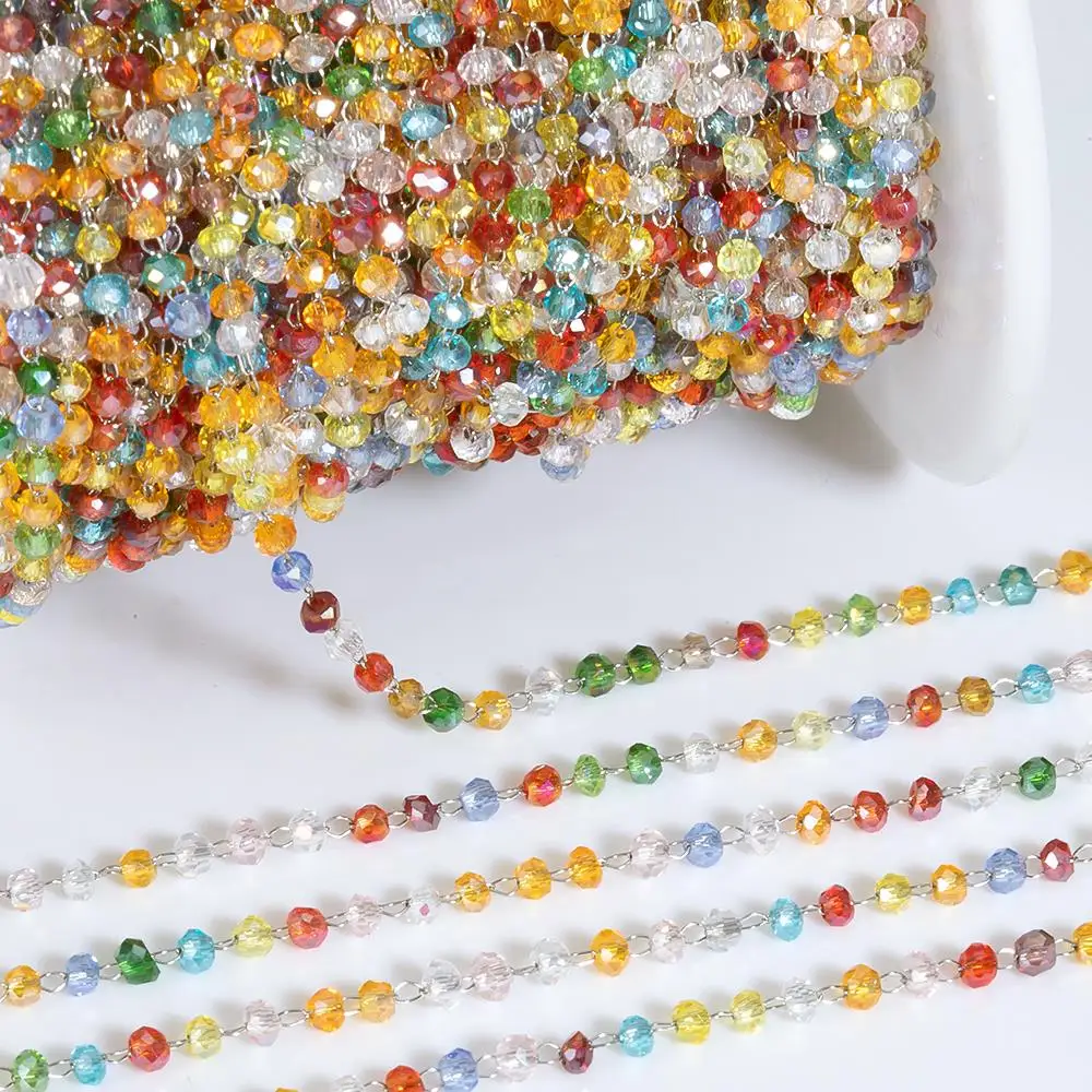 2Meters 1Meter Colorful Beads Stainless Steel Chains Mini Crystal Beaded Chain for Handmade Necklace Bracelet Jewelry Making DIY