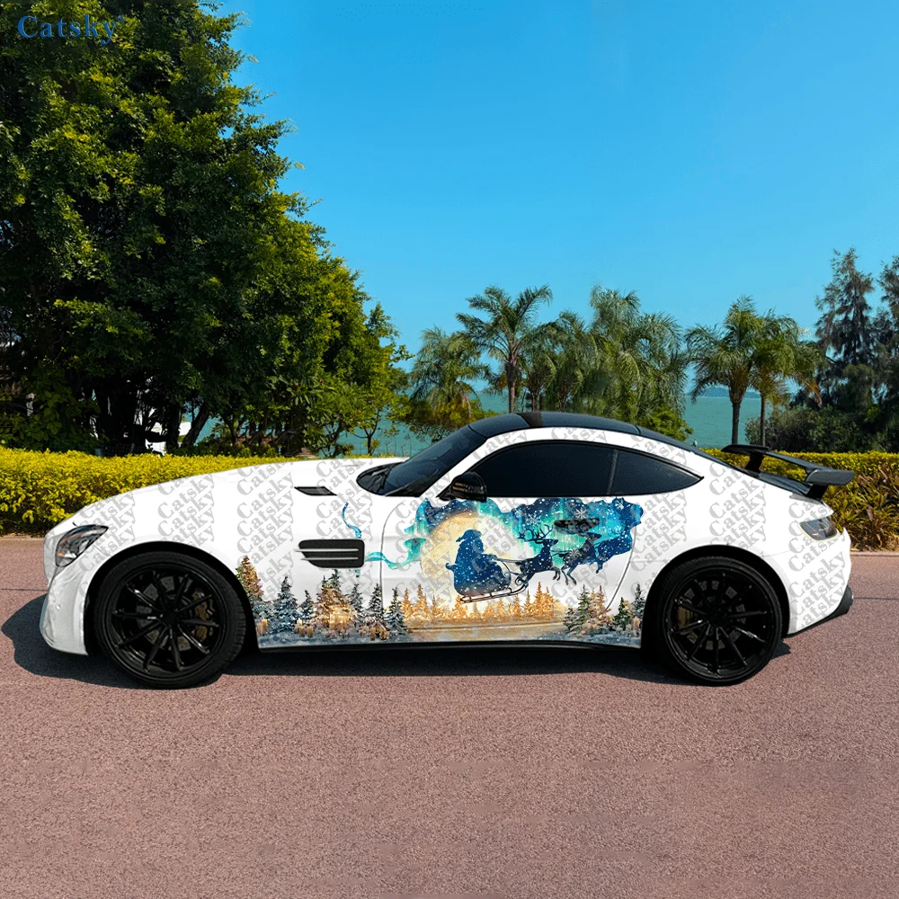 

2pcs Starry Christmas Elder Riding Car Side Car Wraps, Self-Adhesive PVC Waterproof & Scratch-Resistant Stickers, Car Accessory