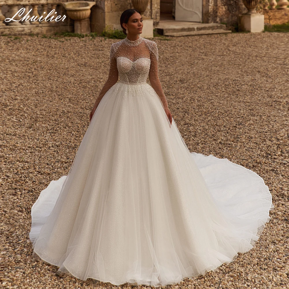 

Lhuilier Customized Illusion A Line O Neck Tulle Wedding Dresses Full Sleeves Pearls Beaded Bridal Gowns with Cathedral Train