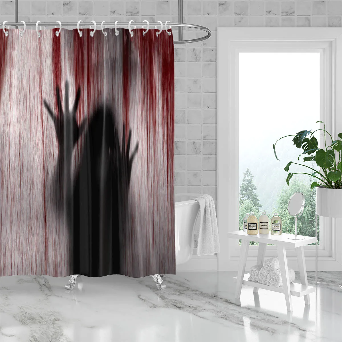 Halloween Shower Curtain Spooky Female Blood Ghost ,Shadow Bloody Handprint Haunted House Shower Curtain for Bathroom Decoration