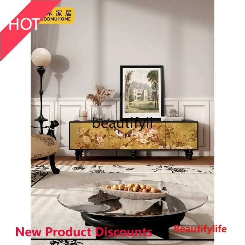 

G80 French solid wood TV cabinet coffee table combination premium retro living room storage locker