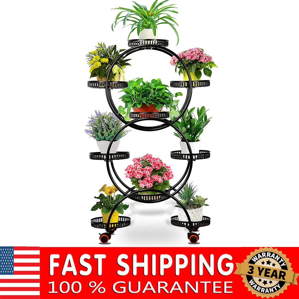 6 Tier 9 Pot Indoor Black Plant Stand Flower Pot Holder Wheels Patio Garden Metal Plant Stand Rack Black Flower Pot