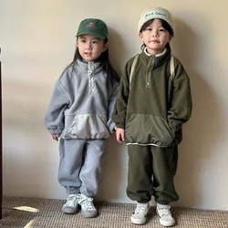 MILANCEL Children's Fleece Hoodies Set 1-8Y Boys Sweatshirt and Pants 2Pcs Warm Girls Solid Pullover Suit Spring Kid's Clothes