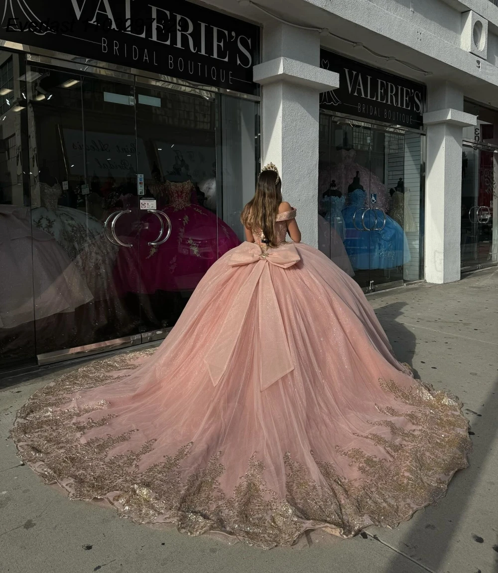 Evlast personalizado rosa quinceanera vestido de baile ouro renda applique miçangas arco espartilho doce 16 vestido de 15 anos qd1060