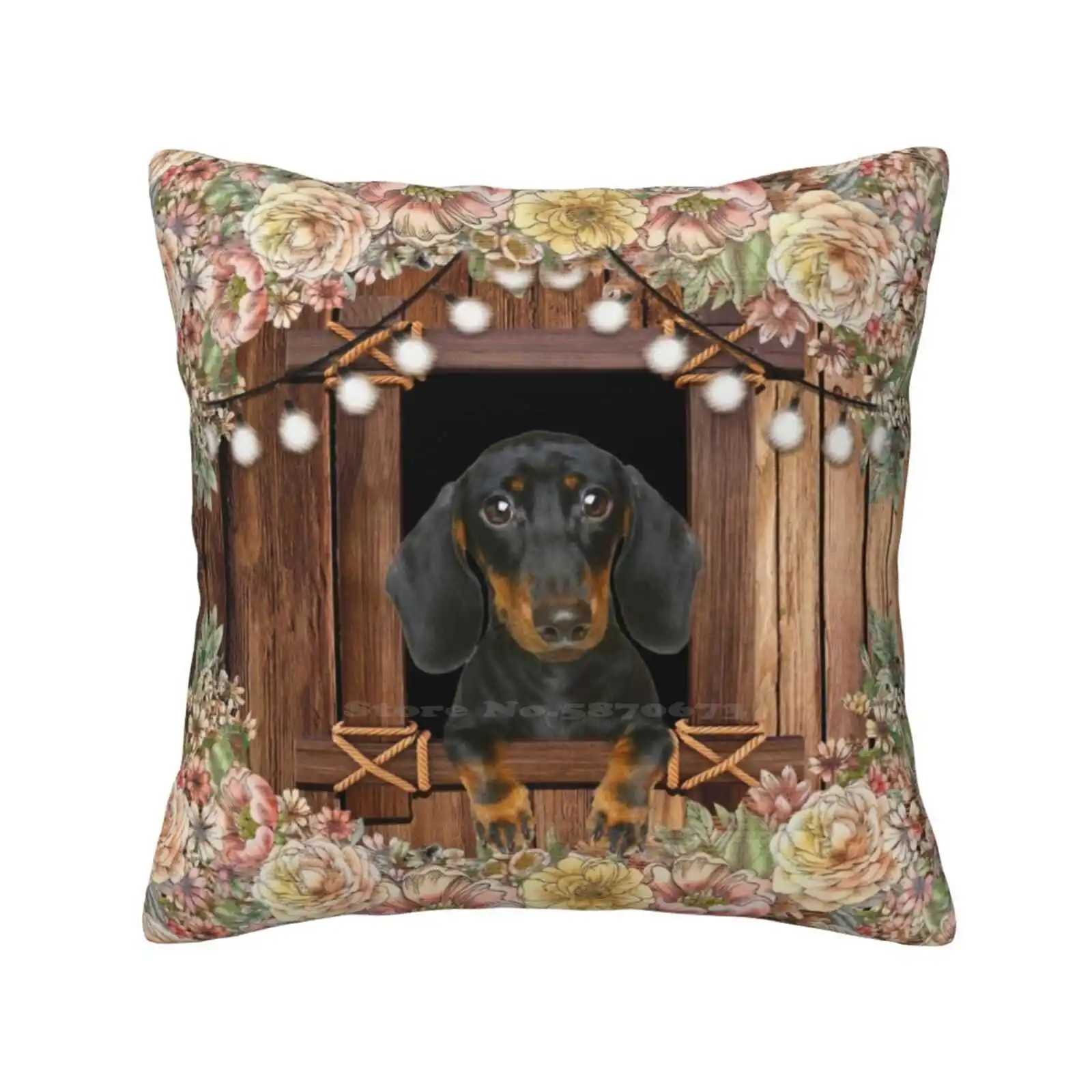 Black Dachshund In The Wooden Window & Floral Decoration Funny Cute Decor Square Pillowcase Black Dachshund Sausage Dog Wiener