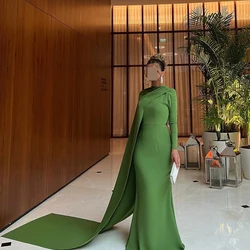 Mermaid High Collar Floor length Watteau Train Empire Long Sleeves Jersey Evening Dresses Pleat Robe de soirée Saudi Arabia 2024