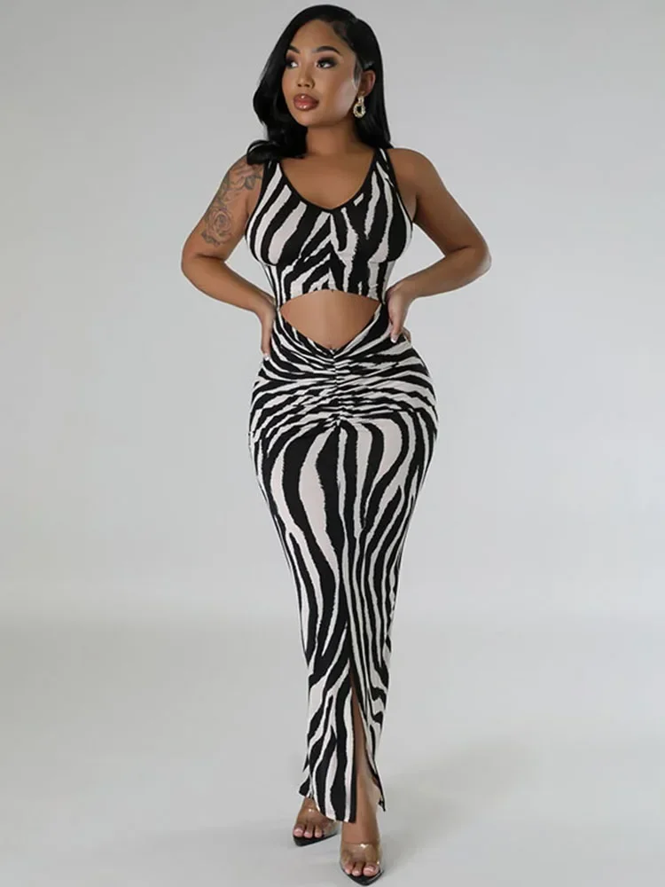 Abito lungo aderente sexy a strisce zebrate Abito da donna Party Club Elegante abito lungo senza maniche con volant scavato