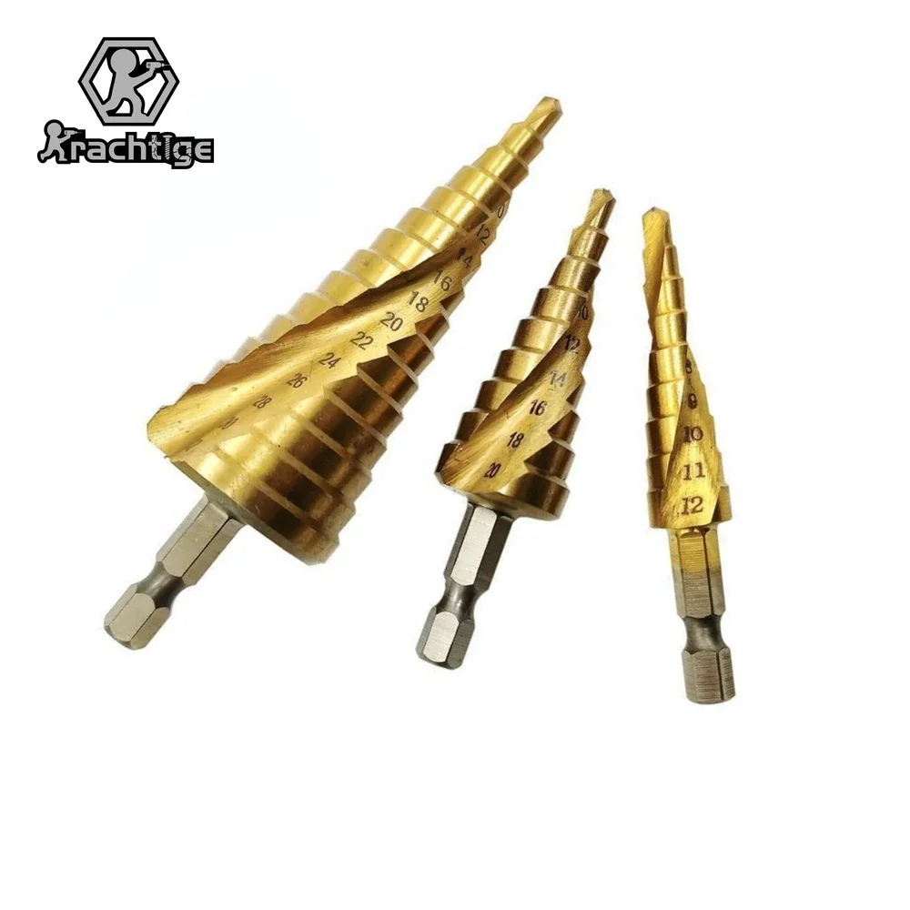 

3Pcs Spiral Groove Twise Step Cone Drill Bit Set 4-12mm 4-20mm 4-32mm Flute Pagoda Metal Hole Cutter Titanium Coated Wood Drill