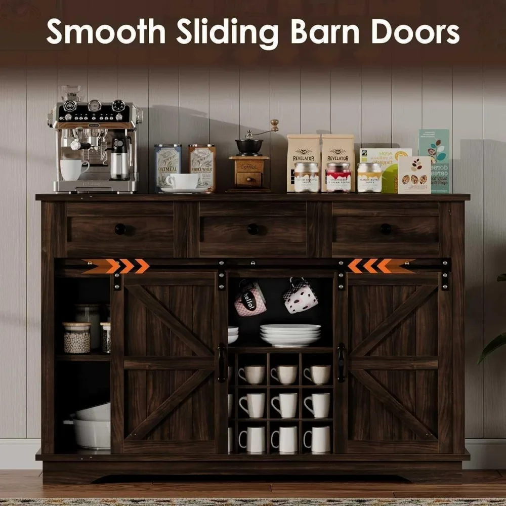 

Farmhouse Coffee Bar Cabinet with Sliding Barn Door, Wine Bar Storage Cabinet, 54" Coffee Bar with 3 Drawers & 15 Racks – Rustic