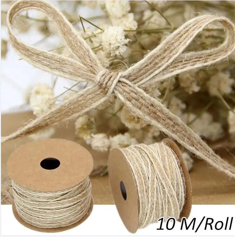 10M/Roll Jute Burlap Rolls Hessian Ribbon With Lace Vintage Rustic Wedding Decoration Party DIY Crafts Christmas Gift Packaging