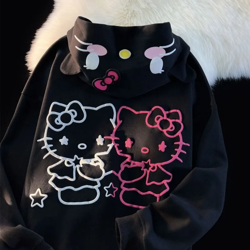 Sanrio Bonitinho Hello Kitty Cardigan Casaco para Mulher, Solto Hoodie Oversized Estudante, Gótico Zip Up Hoodie, Roupas Kawaii, Camisolas Y2K