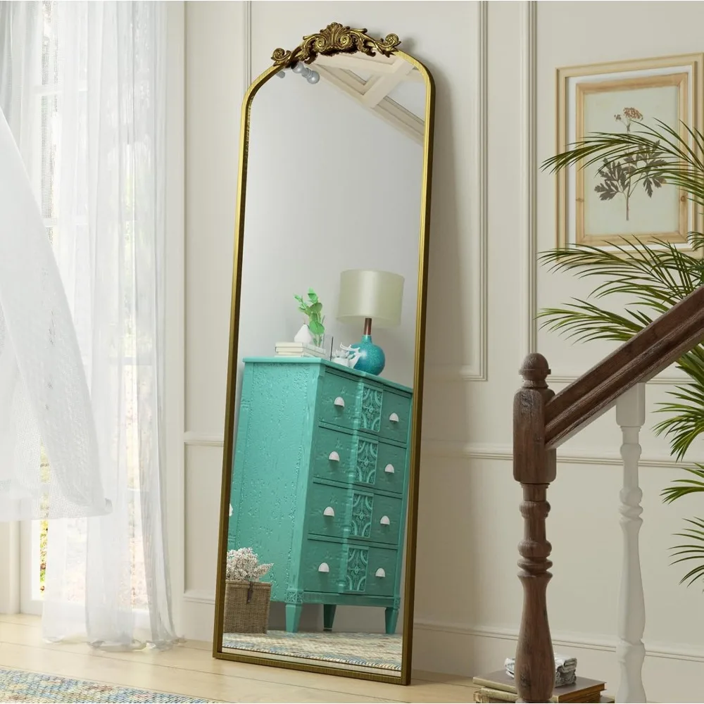 Gold Arched Full Length Mirror 65x22, Baroque Inspired Vintage Body Mirror for Wall, Floor Mirror for Dressing, Shatter-Proof